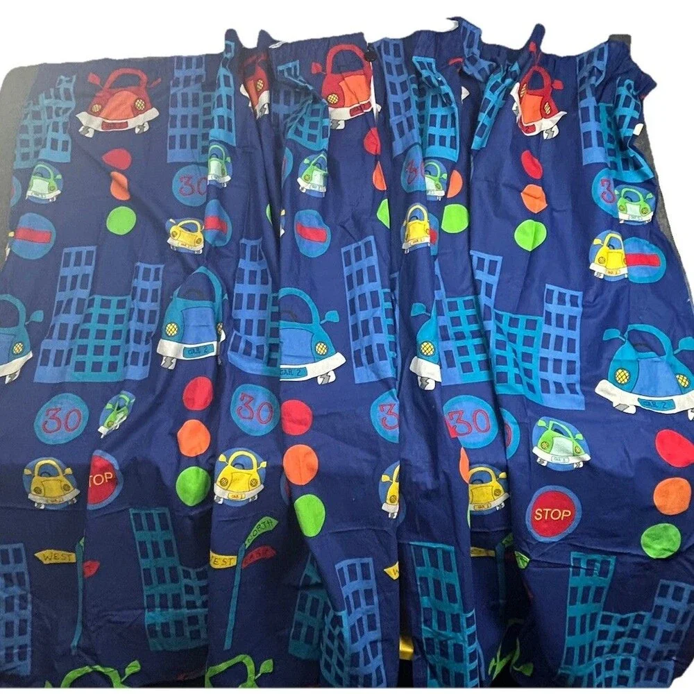 Kool Kidz Kids Car Curtain Panel Blue Traffic Cars Window Playroom Decor 72X60